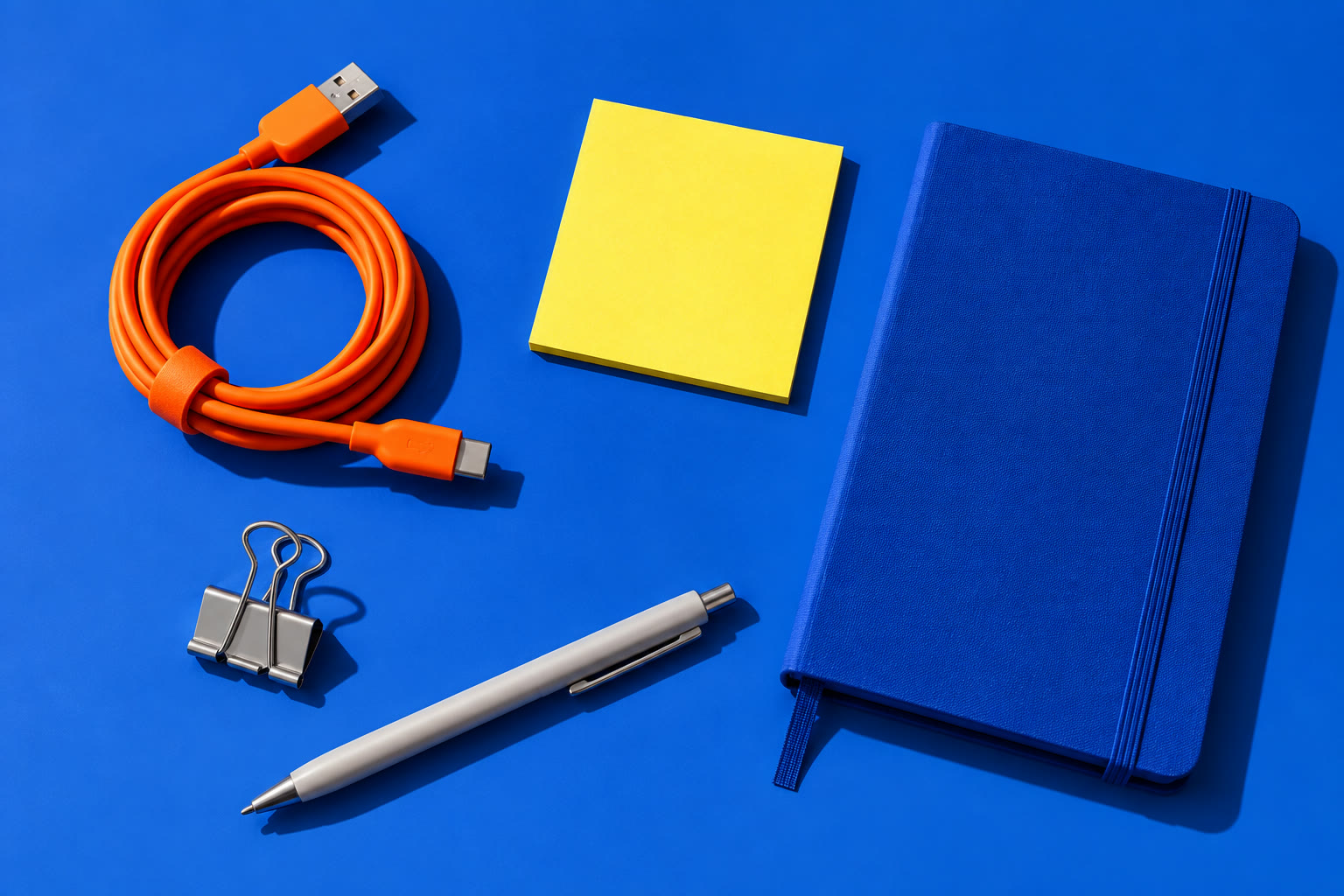 A charging cable, notebook and stationery on a cobalt tabletop